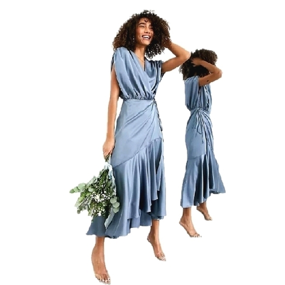 Curve Satin Wrap Mididress Ruched Detail Dusky Blue Size 0 (ASOS DESIGN) - Picture 1 of 17